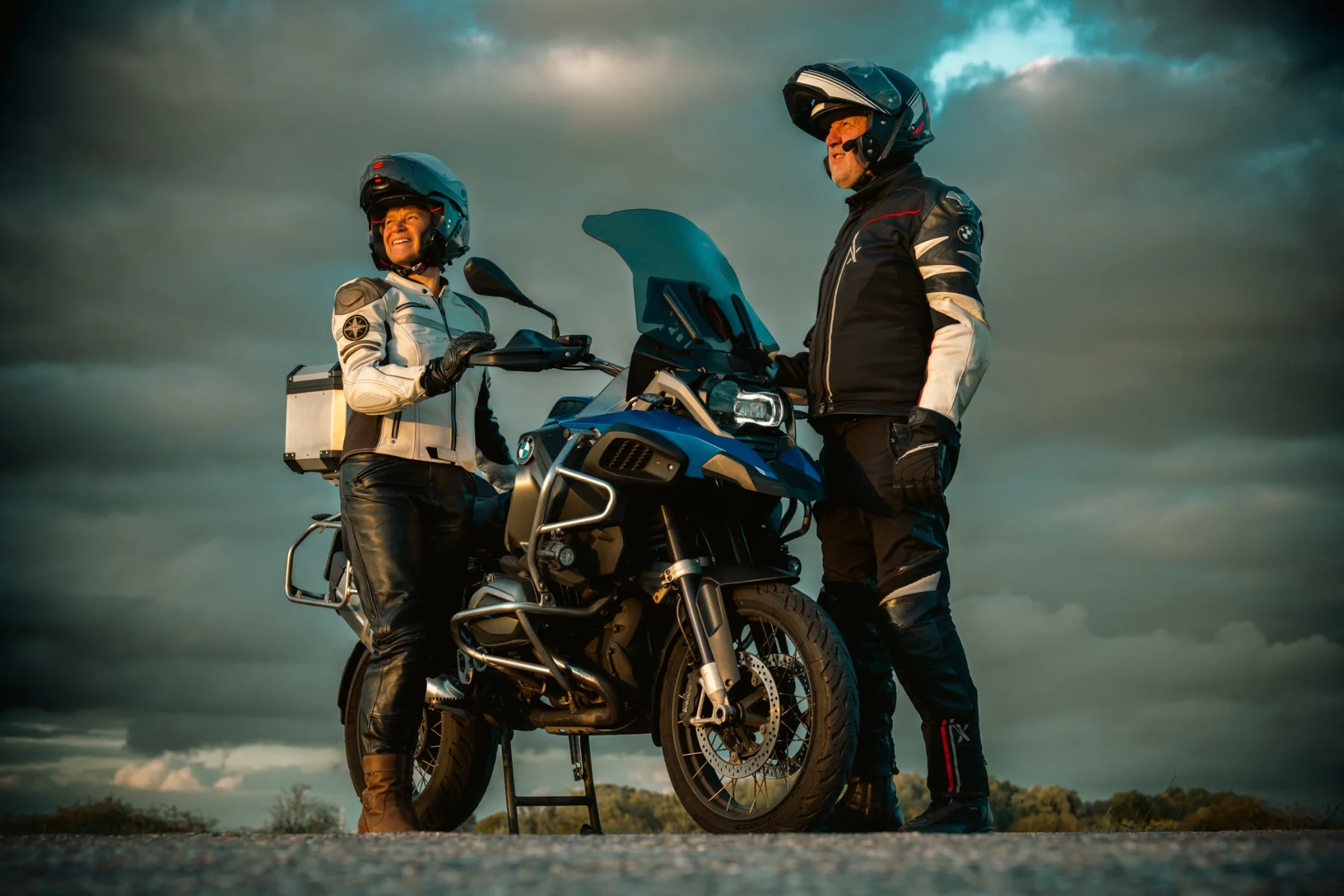 Motorcycle riders in a cinematic portrait